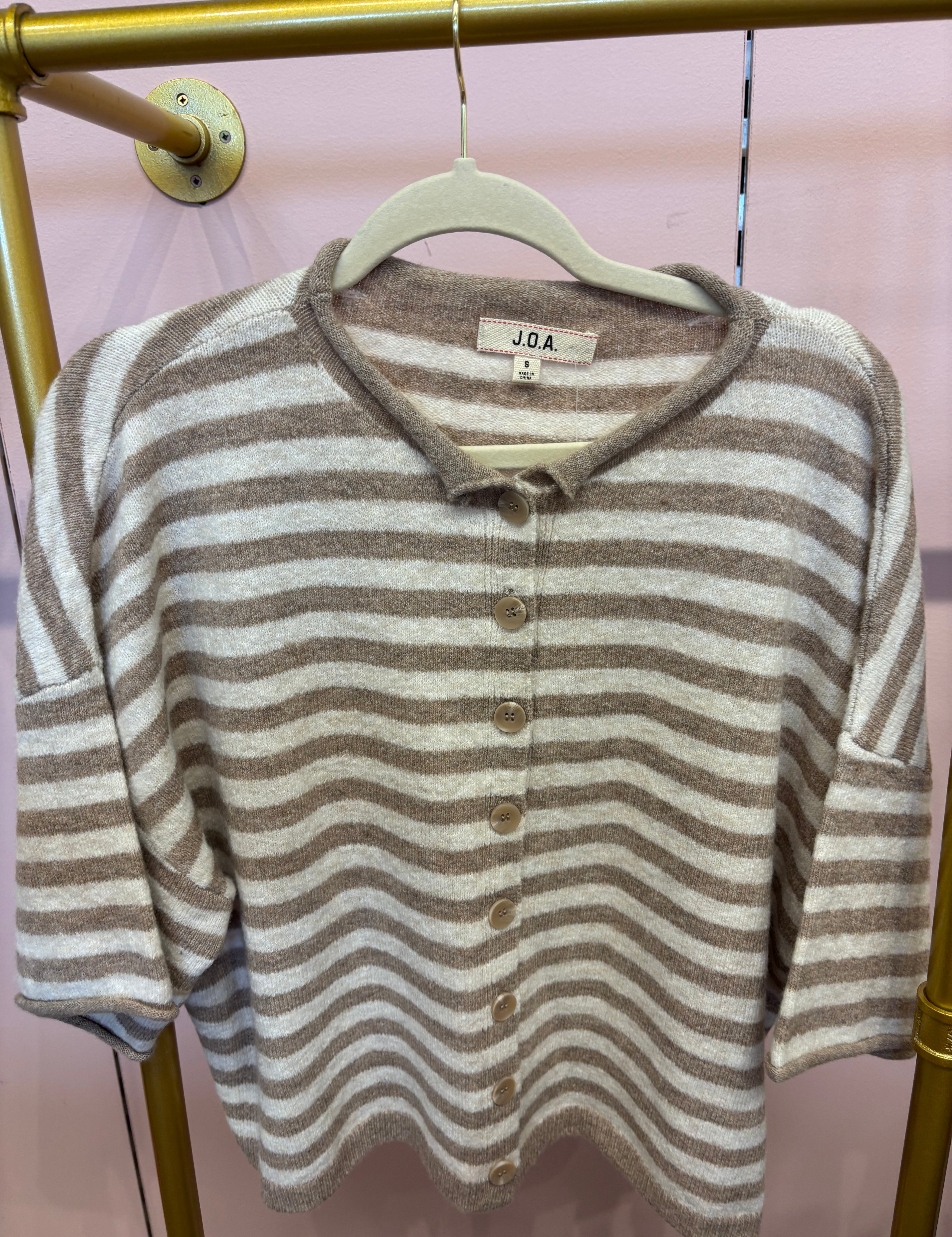 Tan Stripe Short Cardigan — raw edge and stripe