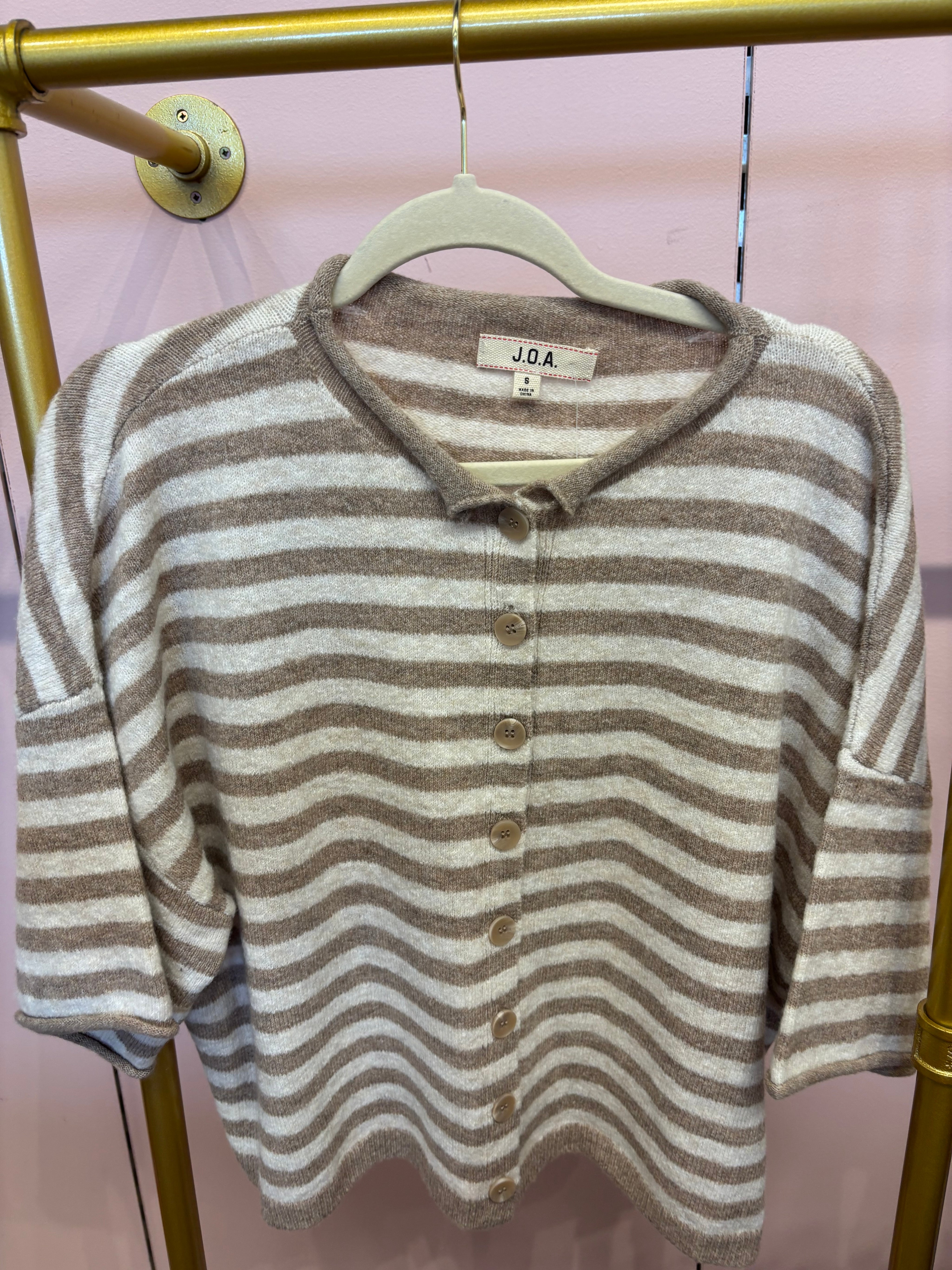 Tan Stripe Short Cardigan — raw edge and stripe