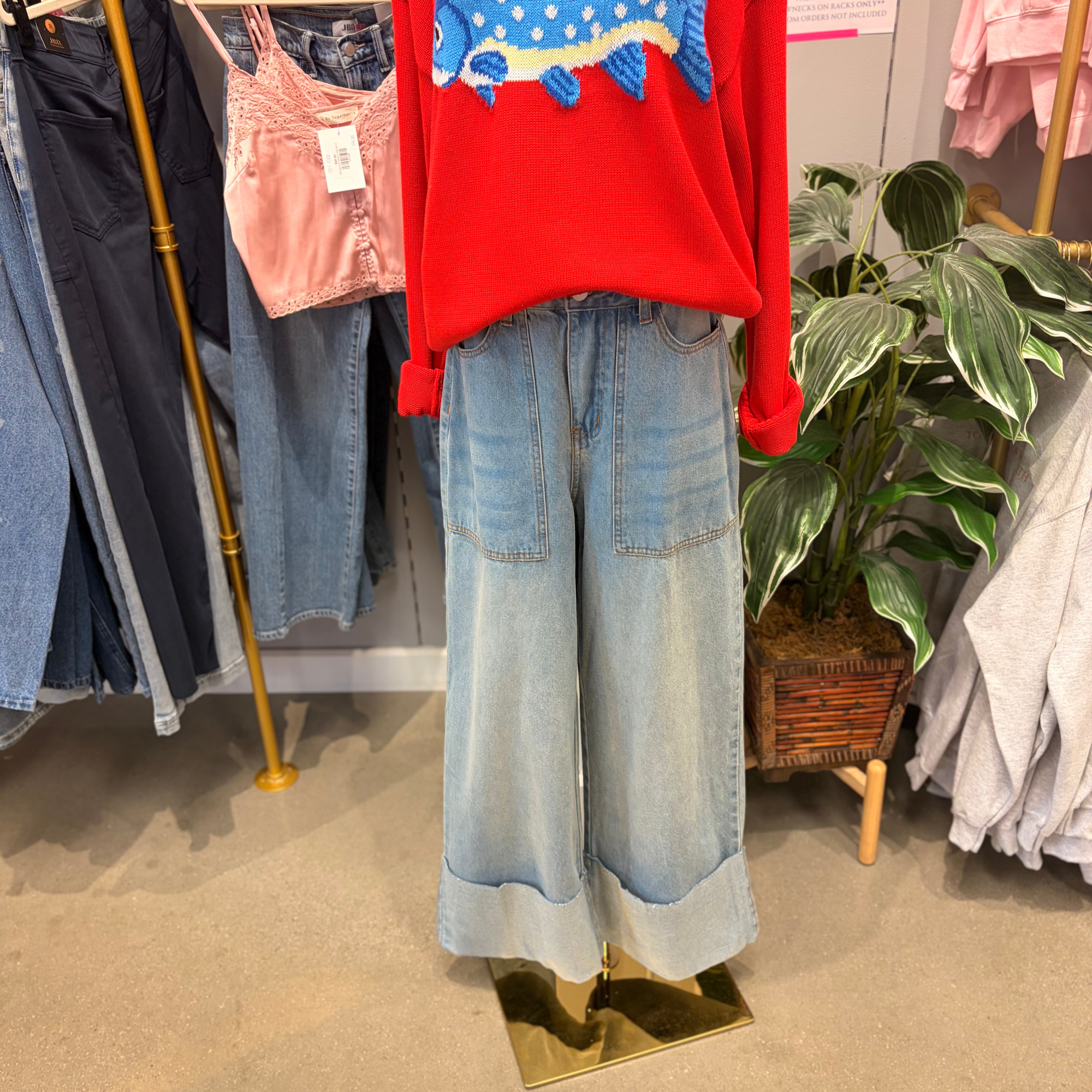 High Waisted Wide Leg Cuffed Jean