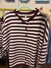 Burgundy Stripe Short Cardigan — raw edge and stripe