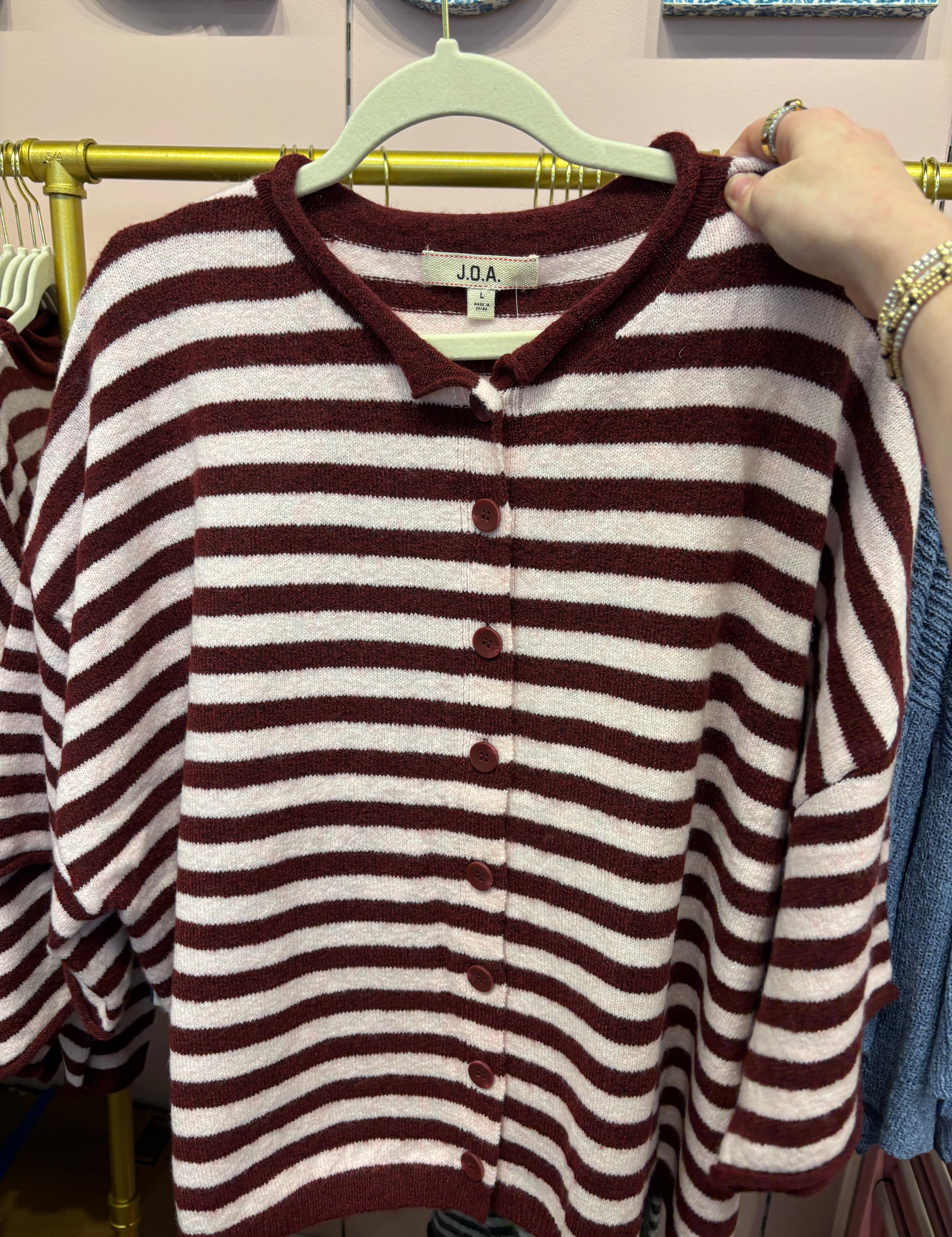 Burgundy Stripe Short Cardigan — raw edge and stripe