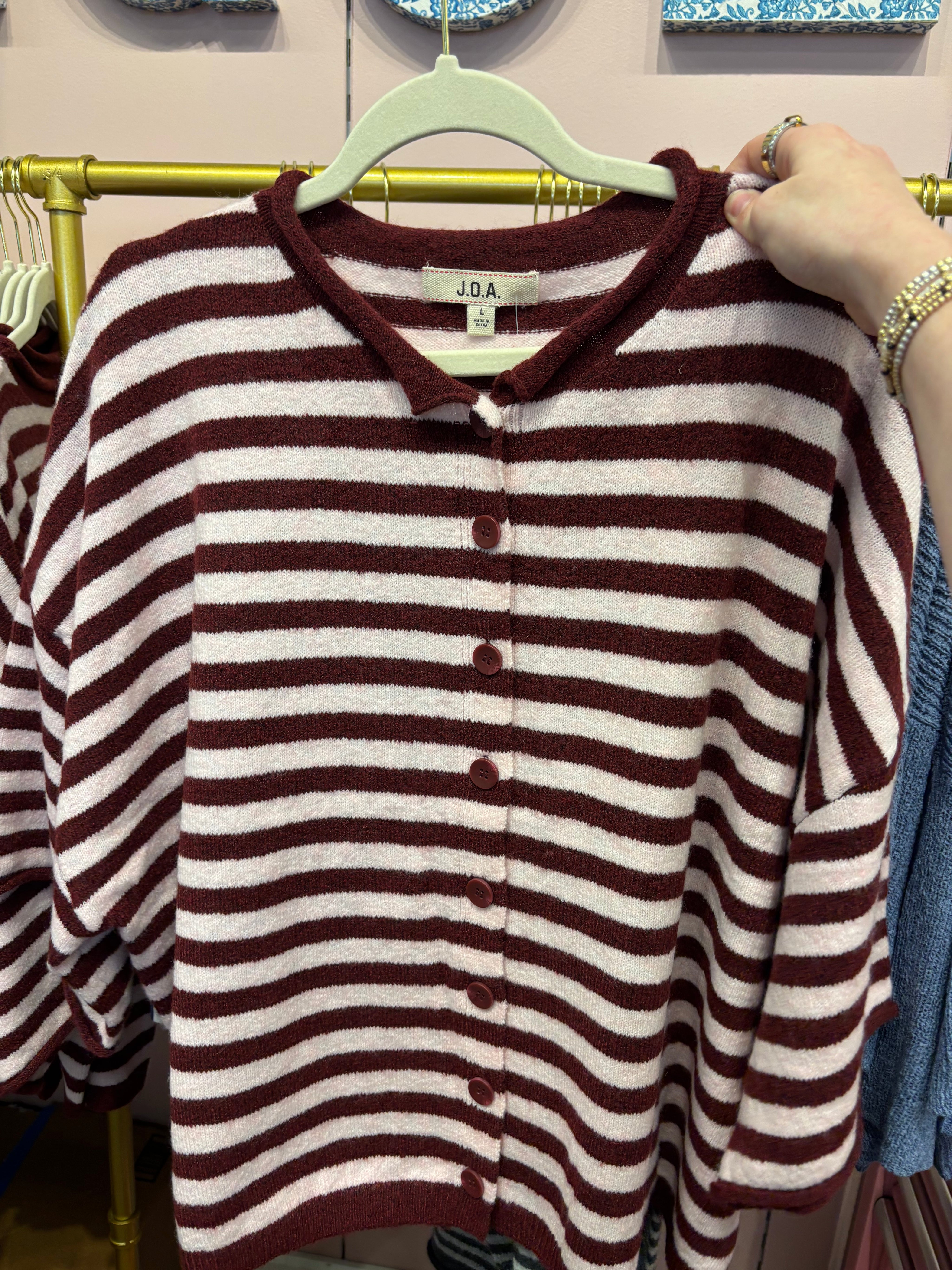 Burgundy Stripe Short Cardigan — raw edge and stripe
