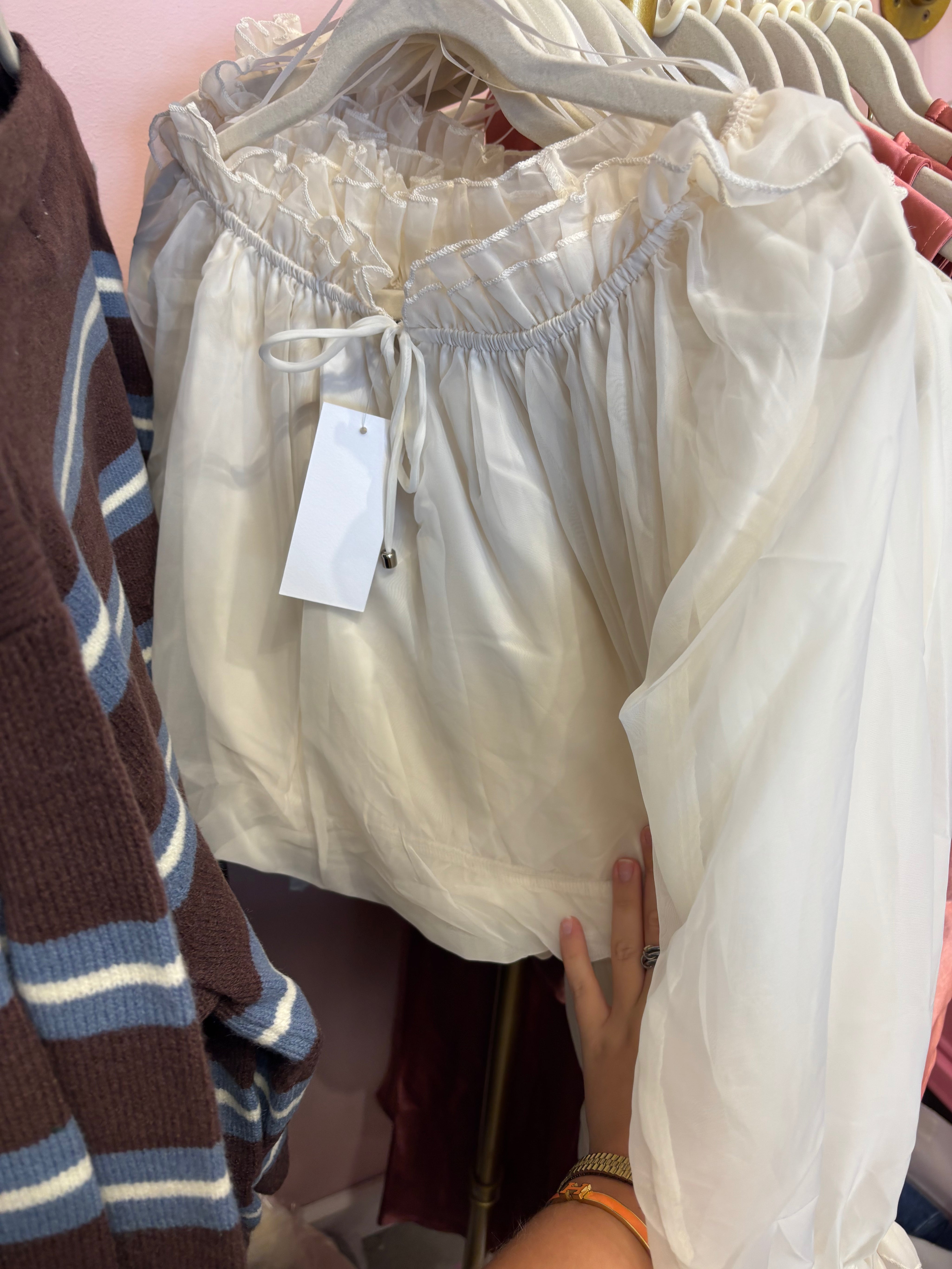 White Ruffle Trim Long Sleeve Top