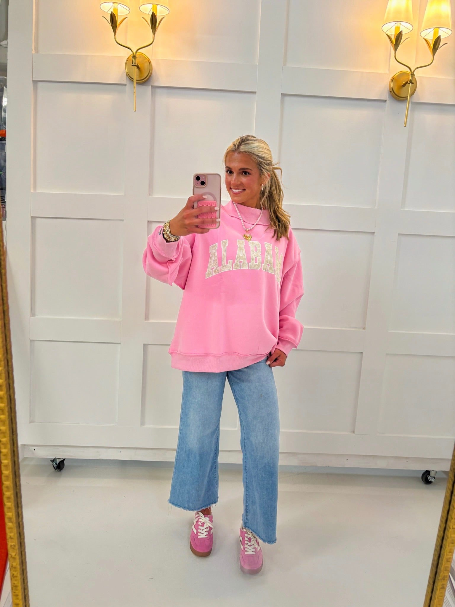 Pink Alabama Camo Mockneck — mock neck and dropped shoulders