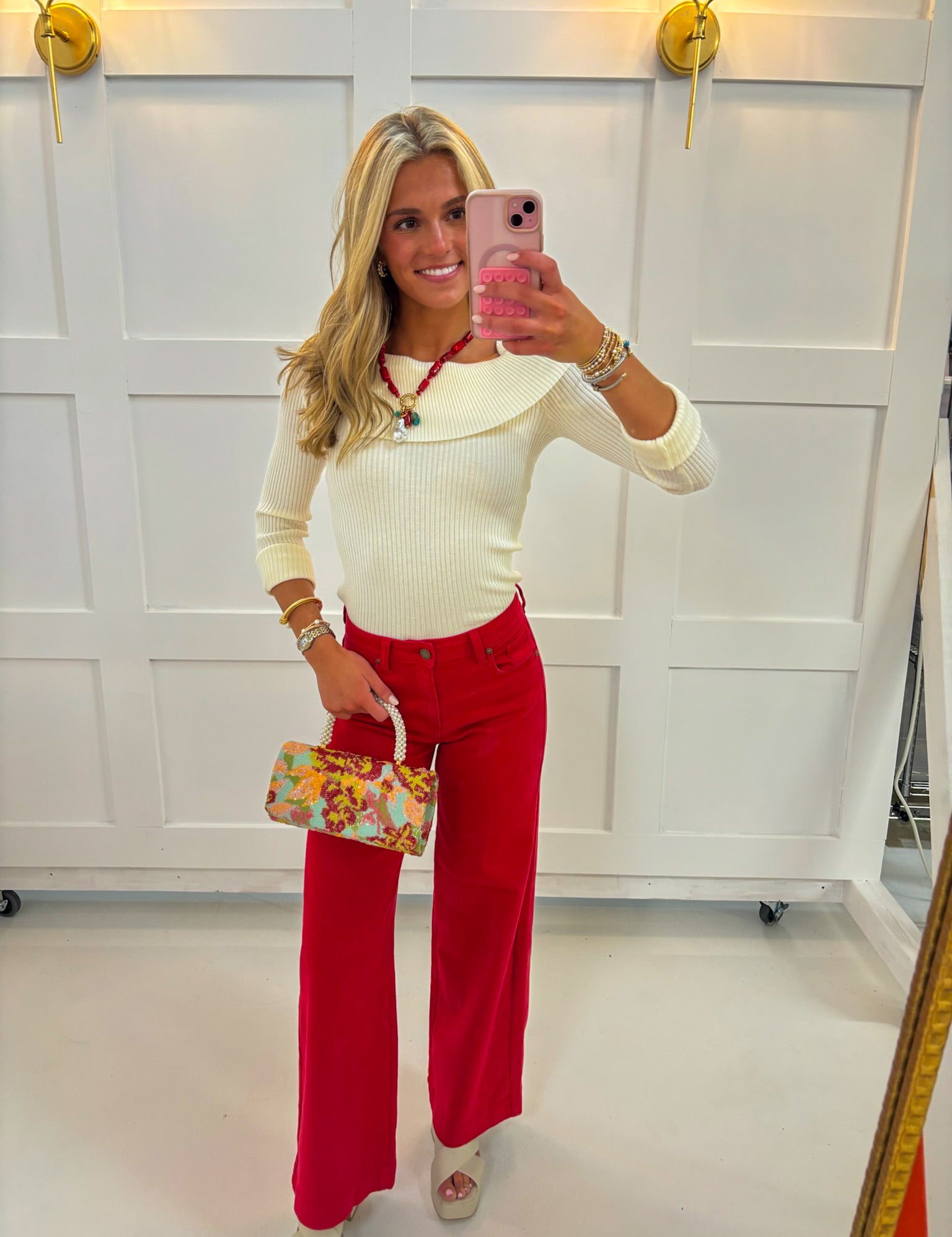 Red high rise wide leg jeans with a clean full length hem