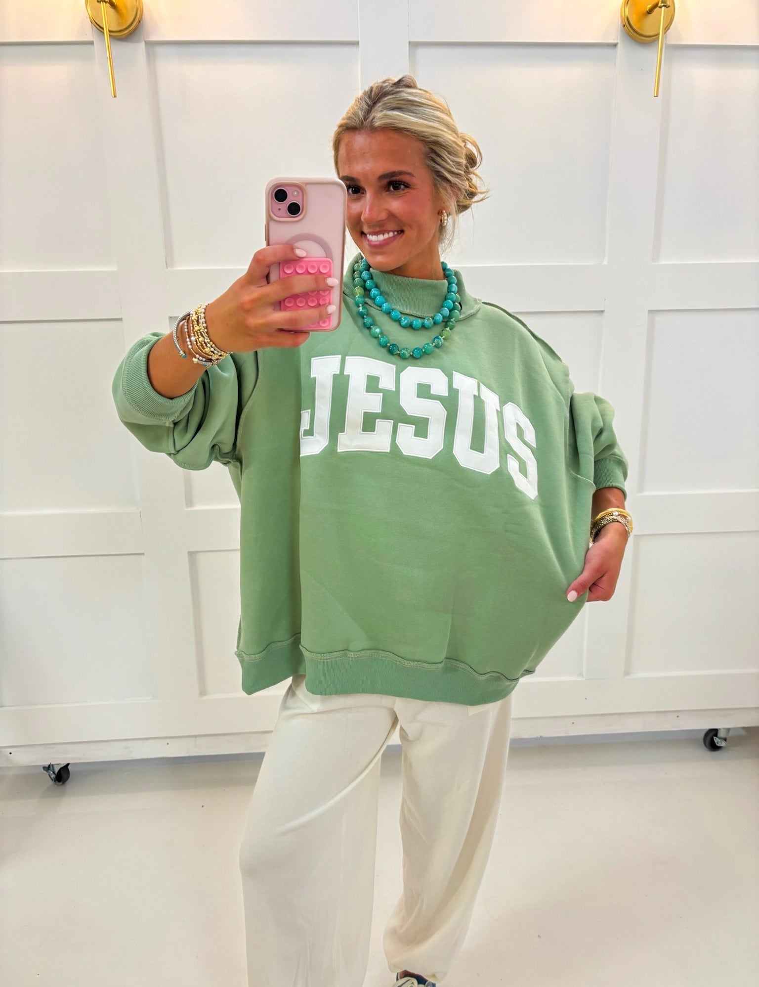 Green Jesus Mockneck — mock-neck and drop shoulder