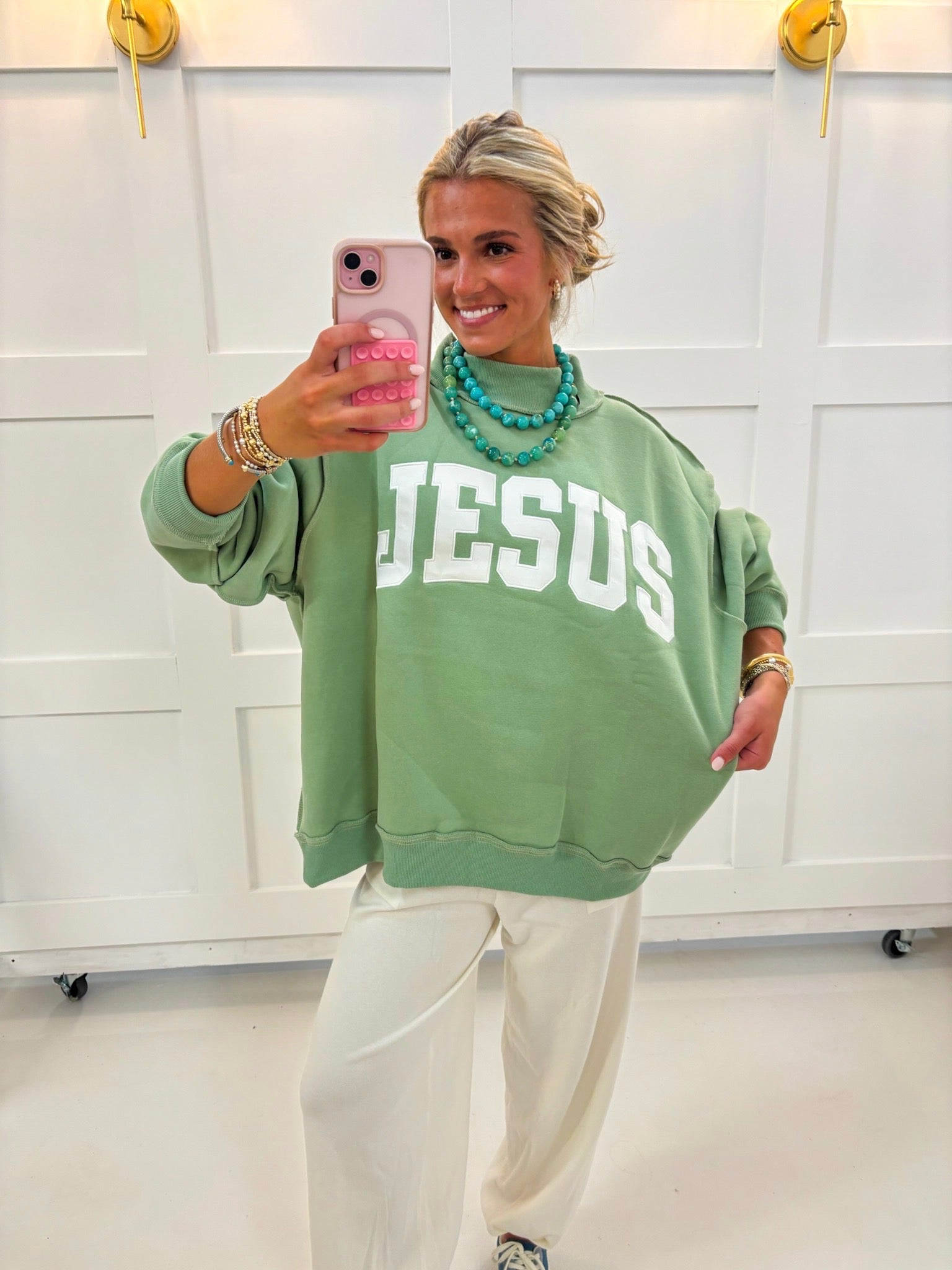 Green Jesus Mockneck — mock-neck and drop shoulder