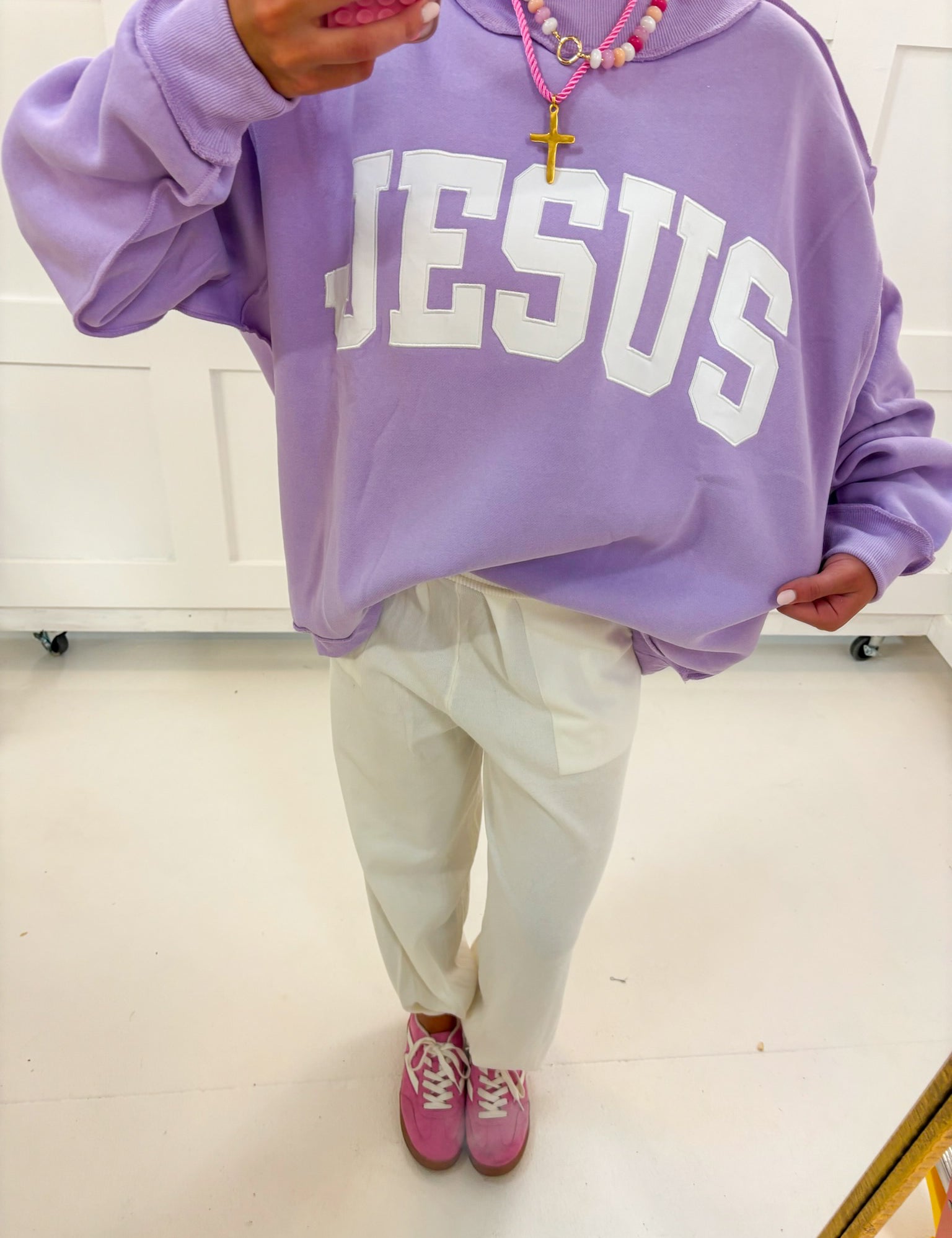 Lavender Jesus Mockneck showing mock-neck