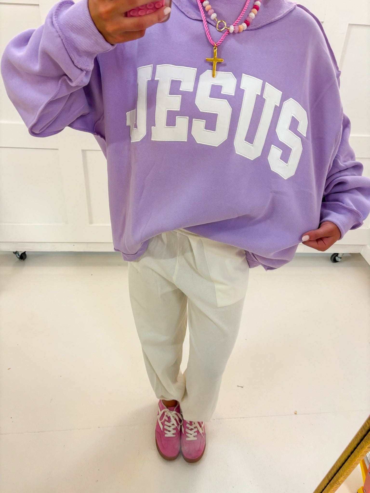Lavender Jesus Mockneck showing mock-neck