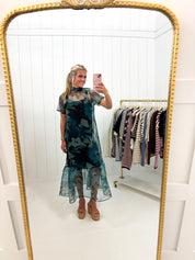 Green Sheer Floral Overlay Maxi Dress