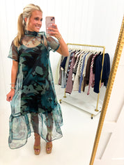 Green Sheer Floral Overlay Maxi Dress