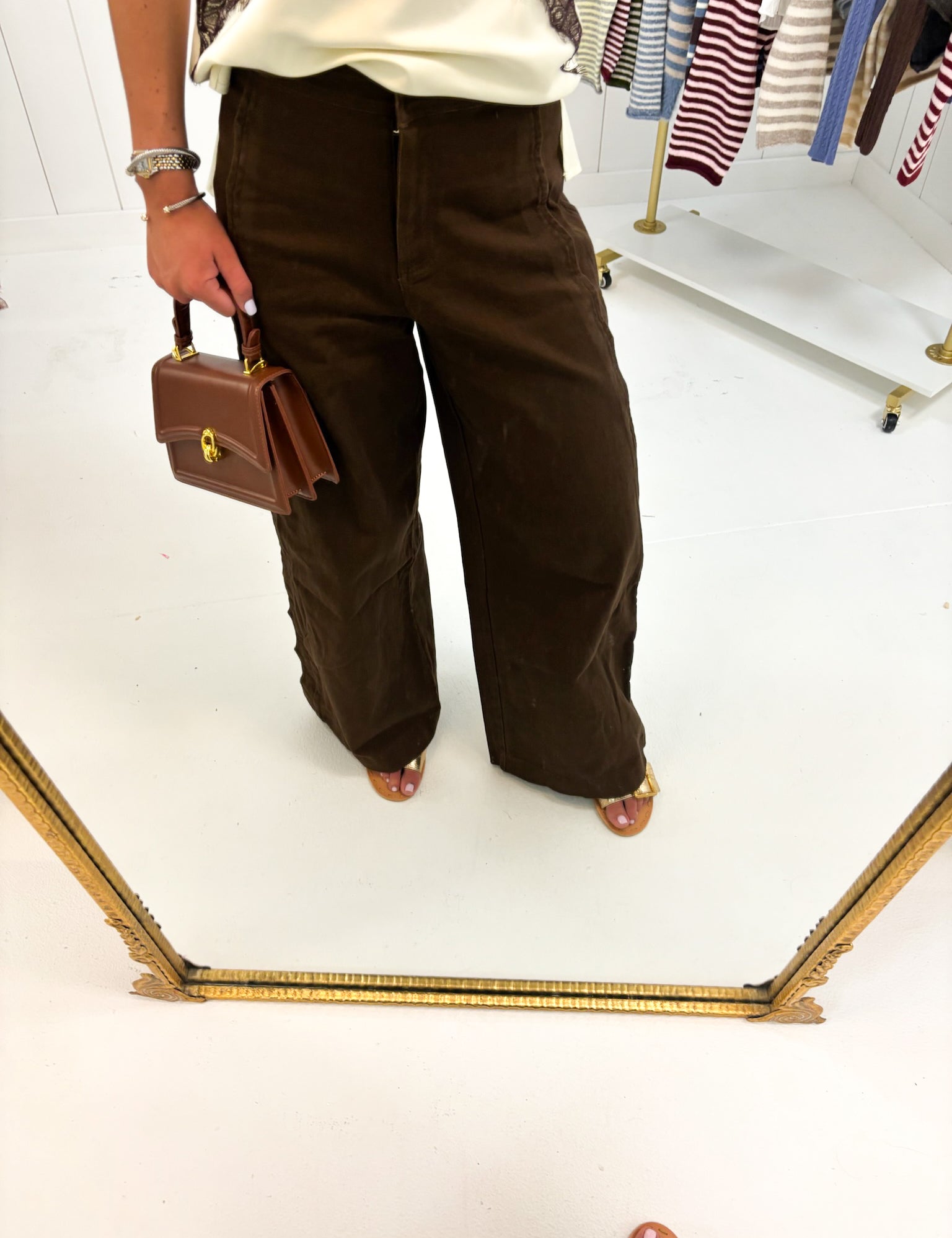 Dark Brown High Rise Scalloped Trousers — corduroy and scallop trim on side