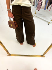 Dark Brown High Rise Scalloped Trousers — corduroy and scallop trim on side