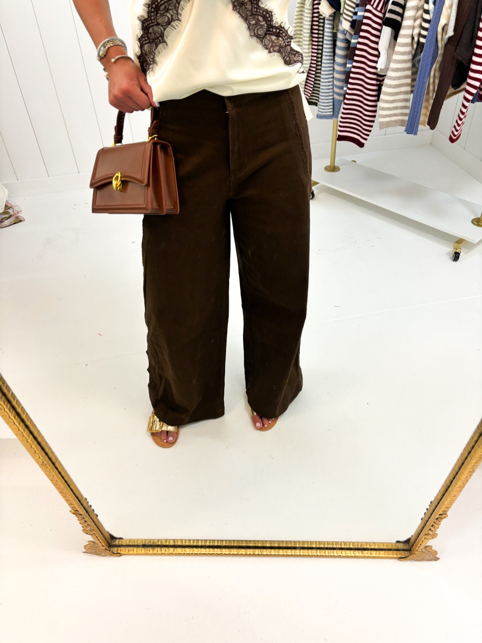 Dark Brown High Rise Scalloped Trousers showing scallop trim on side