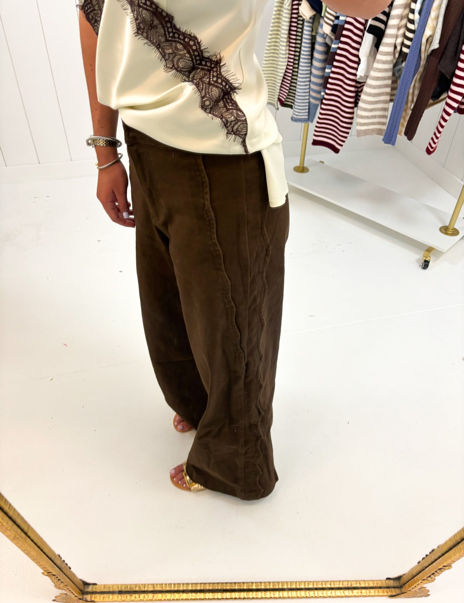 Dark Brown High Rise Scalloped Trousers showing corduroy