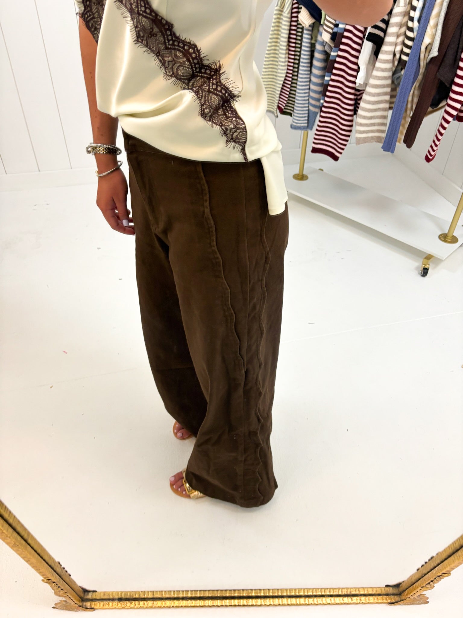 Dark Brown High Rise Scalloped Trousers showing corduroy