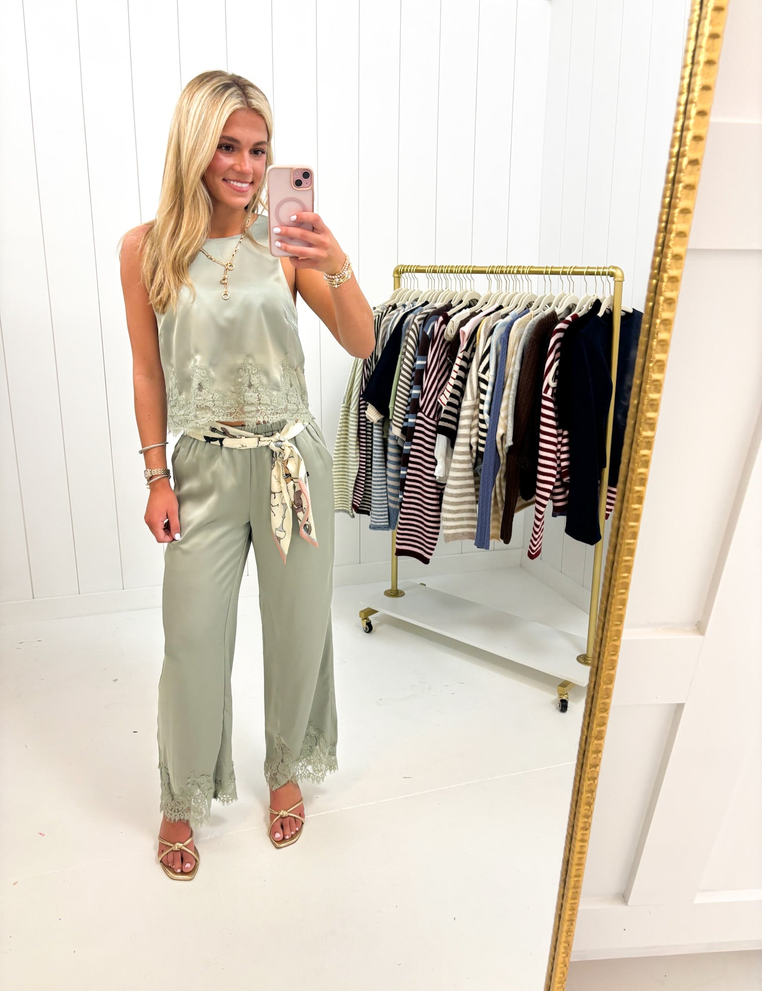 Sage Green Lace Set — sleeveless top and button clasp on back