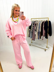 Pink Waffle Knit Pants Lulu Mac showing adjustable drawcord