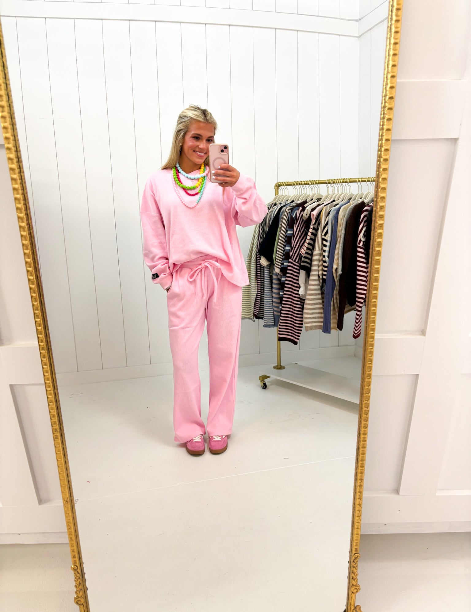 Pink Waffle Knit Pants Lulu Mac — ultra-soft waffle knit fabric and adjustable drawcord