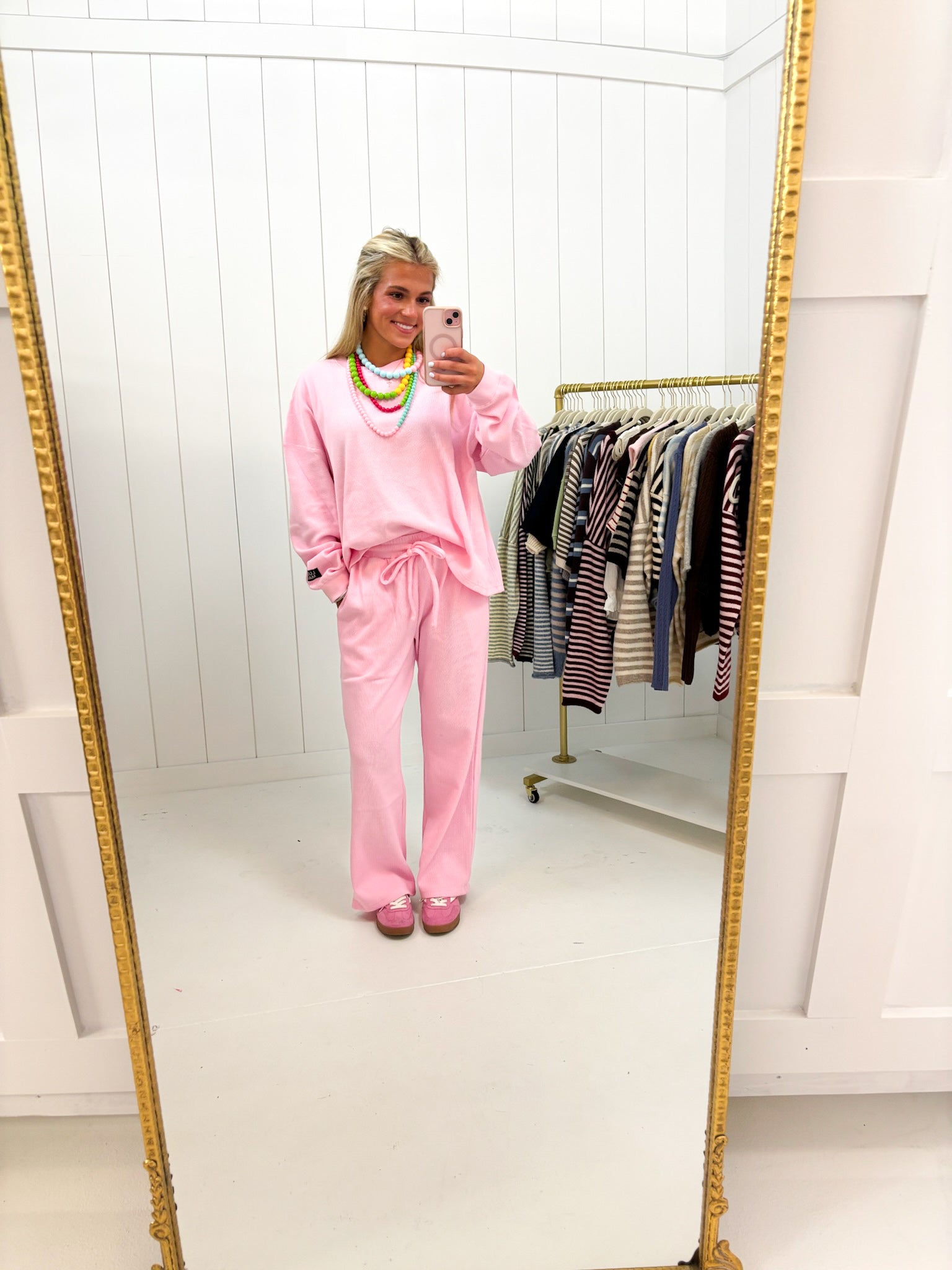 Pink Waffle Knit Pants Lulu Mac — ultra-soft waffle knit fabric and adjustable drawcord