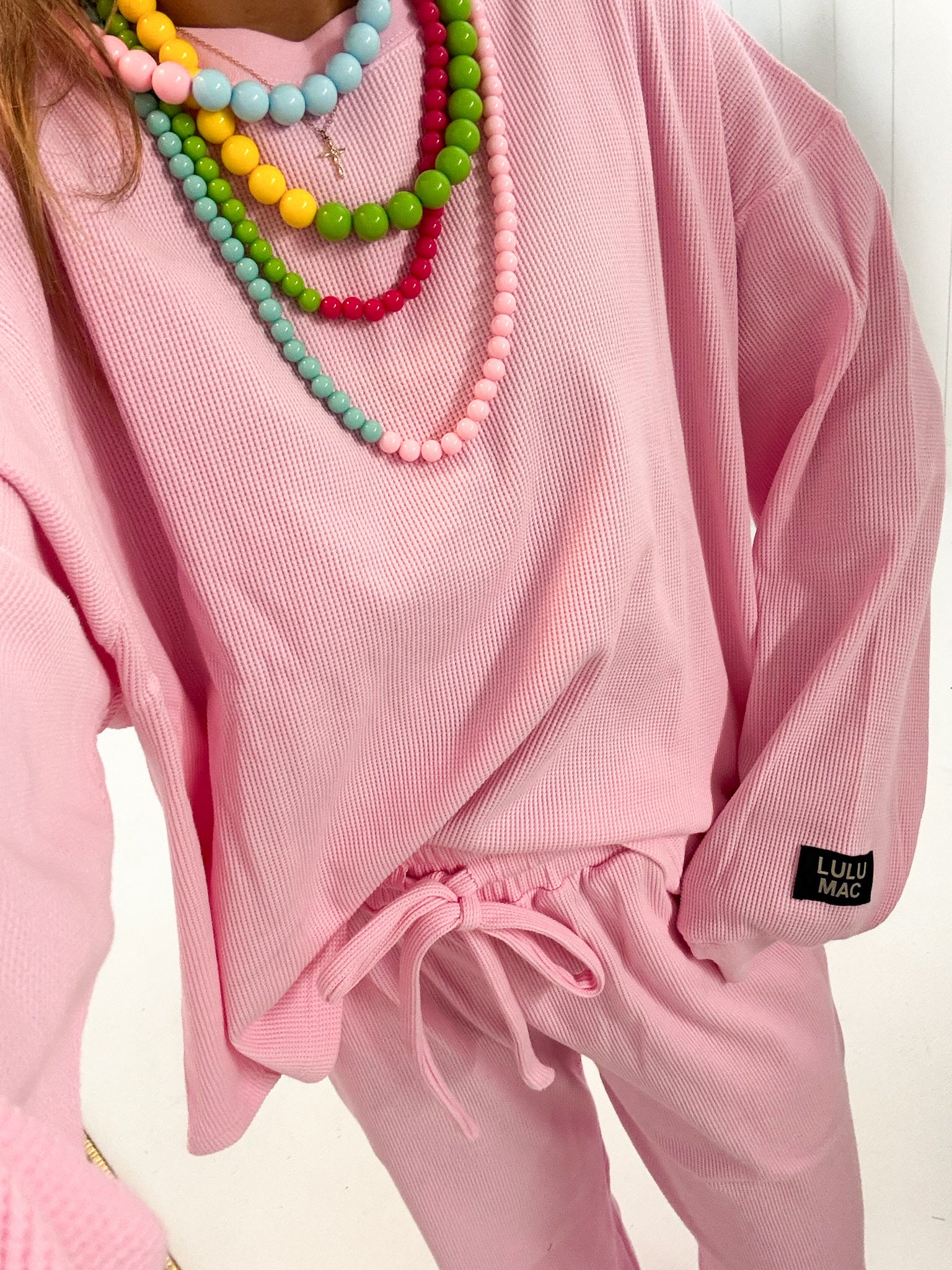 Pink Waffle Knit Pants Lulu Mac showing pockets