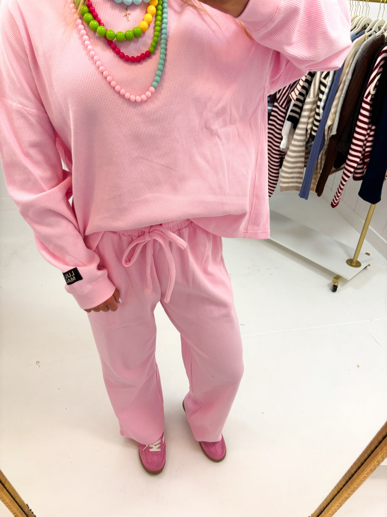 Pink Waffle Knit Pants Lulu Mac showing ribbed waistband