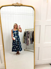 Floral Border Trim Square Neck Midi Dress