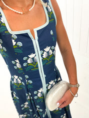 Floral Border Trim Square Neck Midi Dress