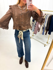 Brown Ruffle Lace Blouse showing pin tuck paneling