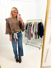 Brown Ruffle Lace Blouse showing lace trim