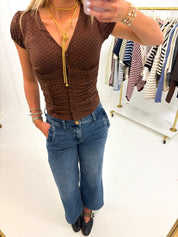 Brown Polka Dot V-Neck Top