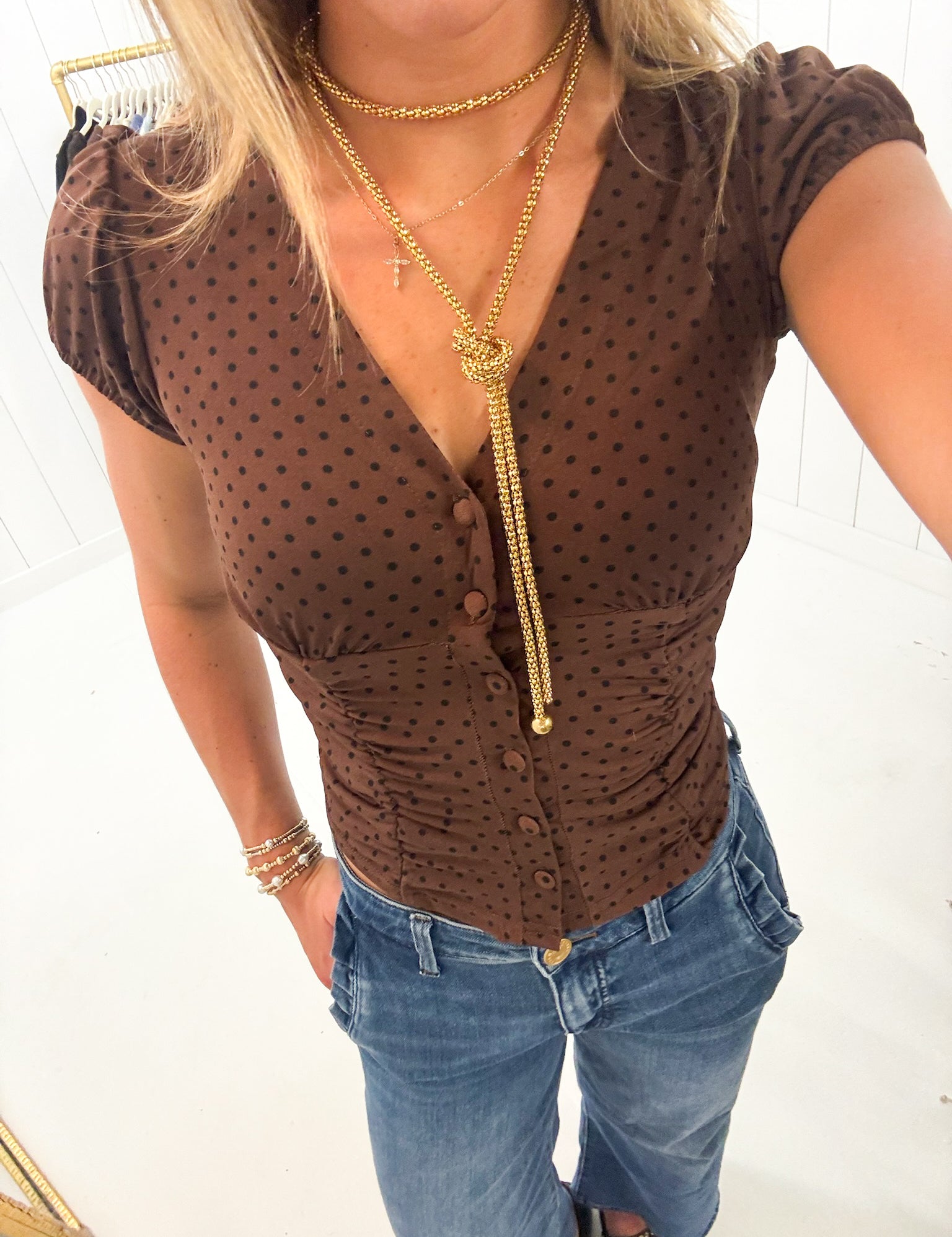 Brown Polka Dot V-Neck Top showing polka dots