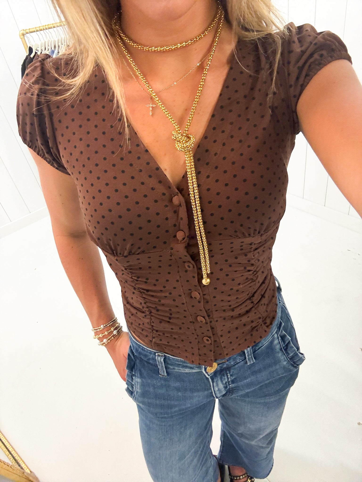 Brown Polka Dot V-Neck Top