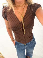 Brown Polka Dot V-Neck Top