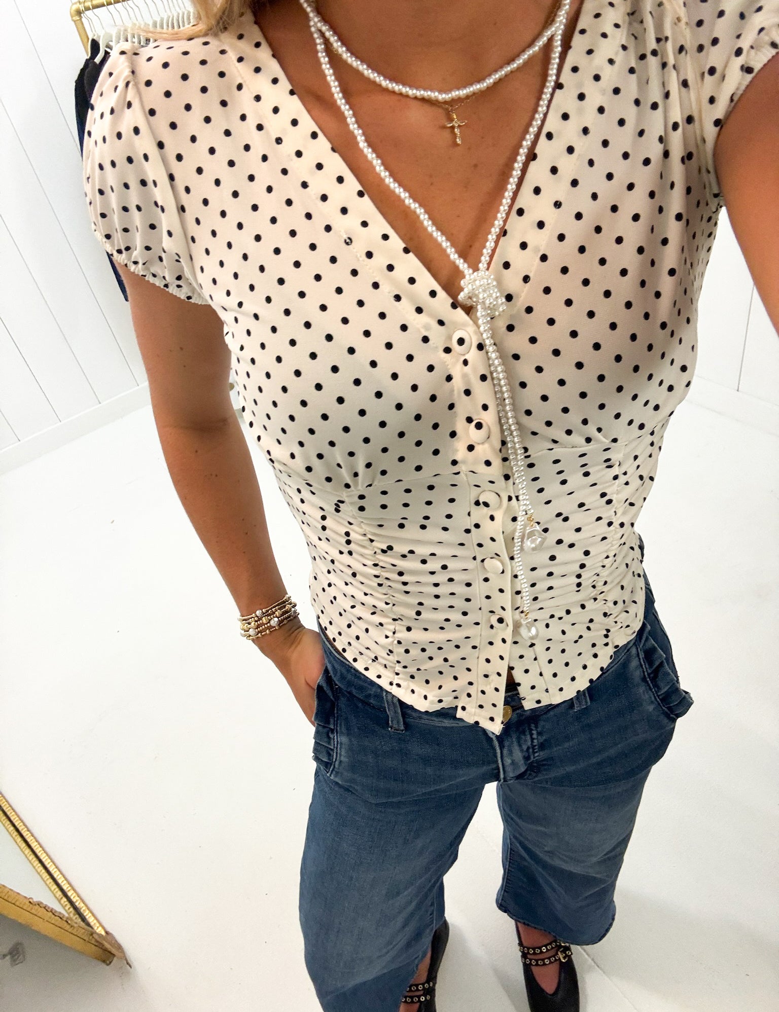 Cream Polka Dot V-Neck Top showing v-neck