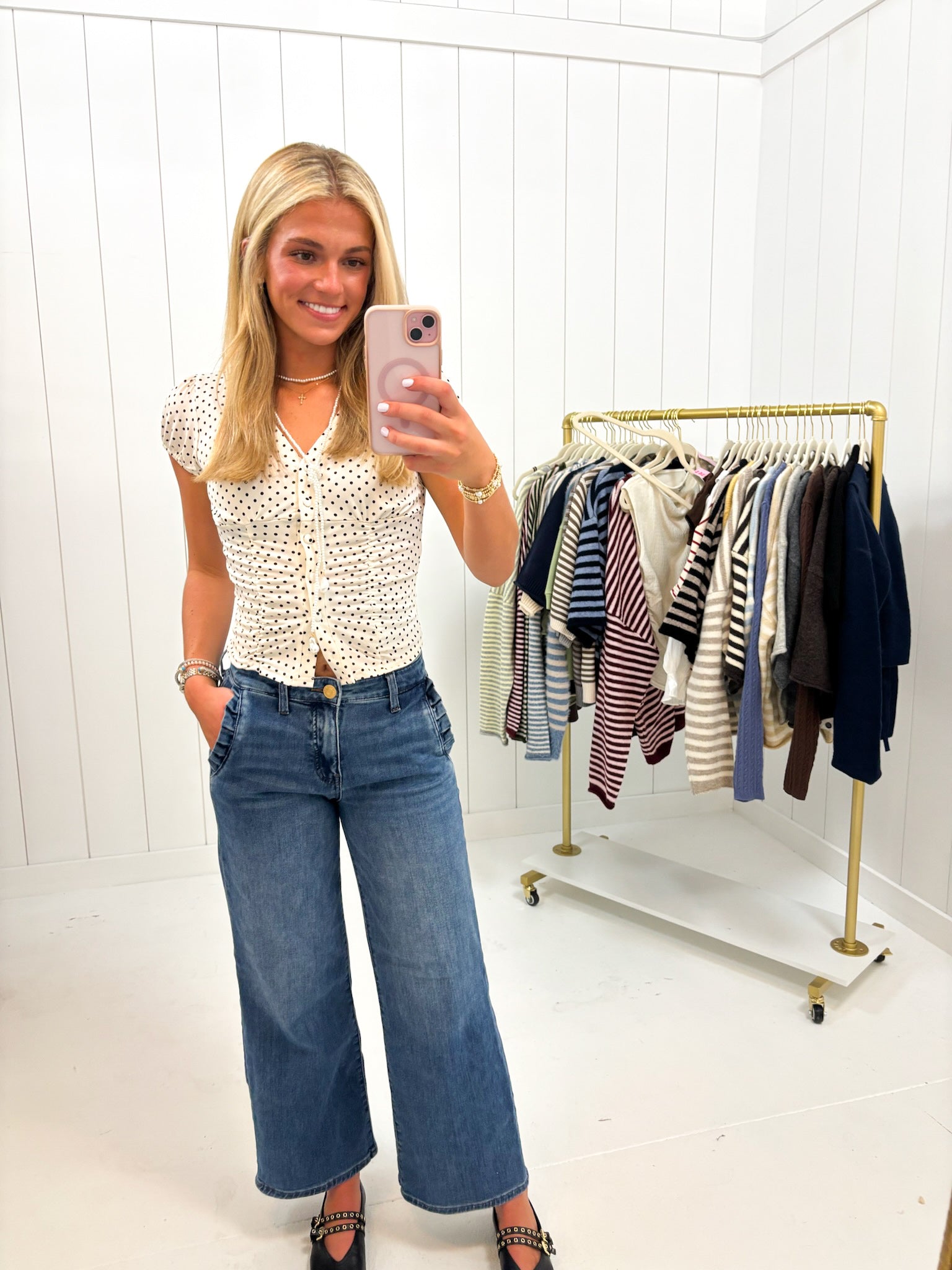 Cream Polka Dot V-Neck Top