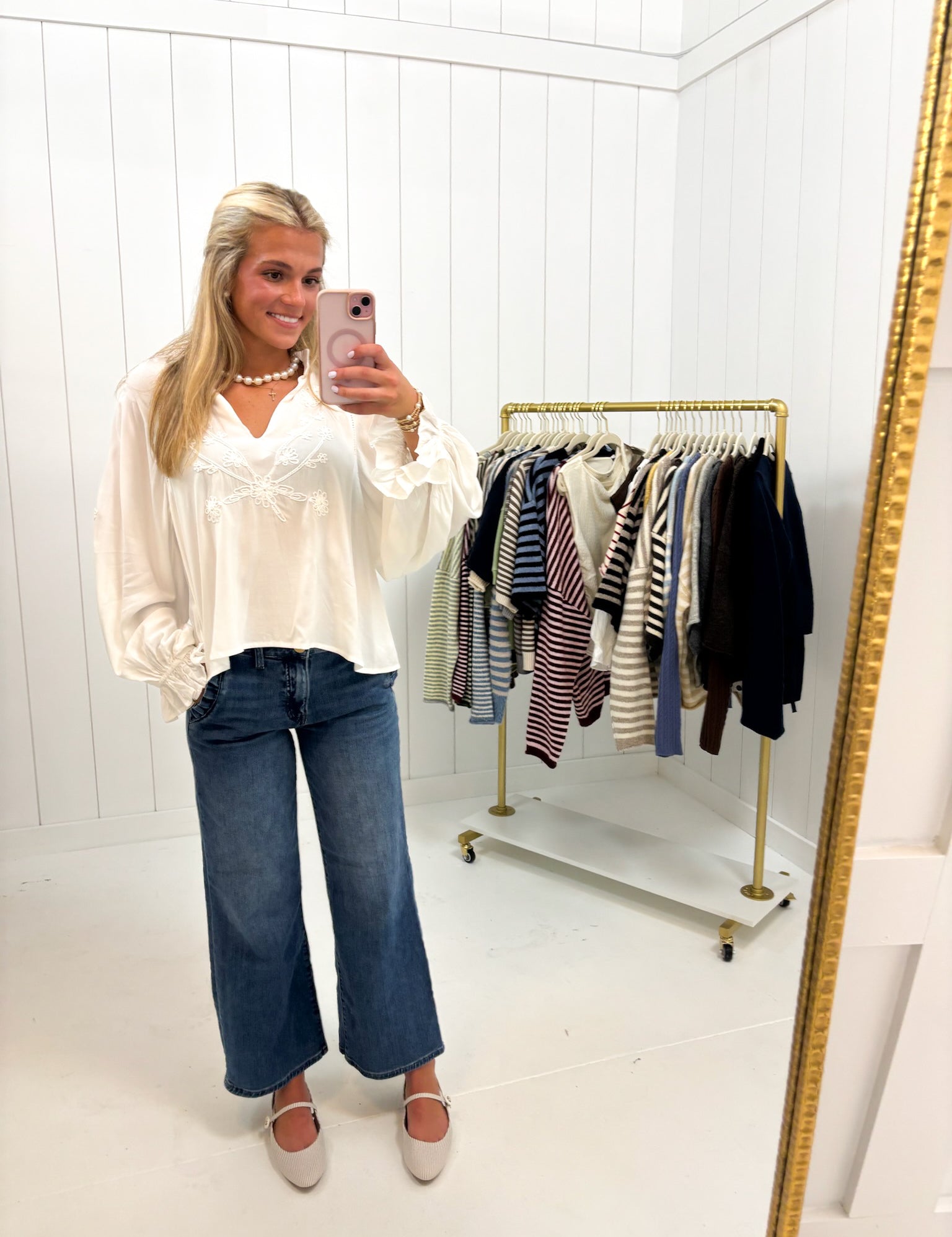 Embroidered White Longsleeve Blouse showing features intricate tone-on-tone embroidery at the front