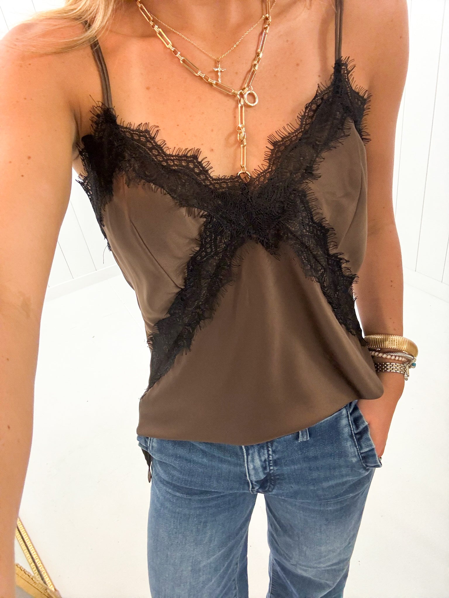 Brown Lace Detail Tank — lace detailing and skinny strap