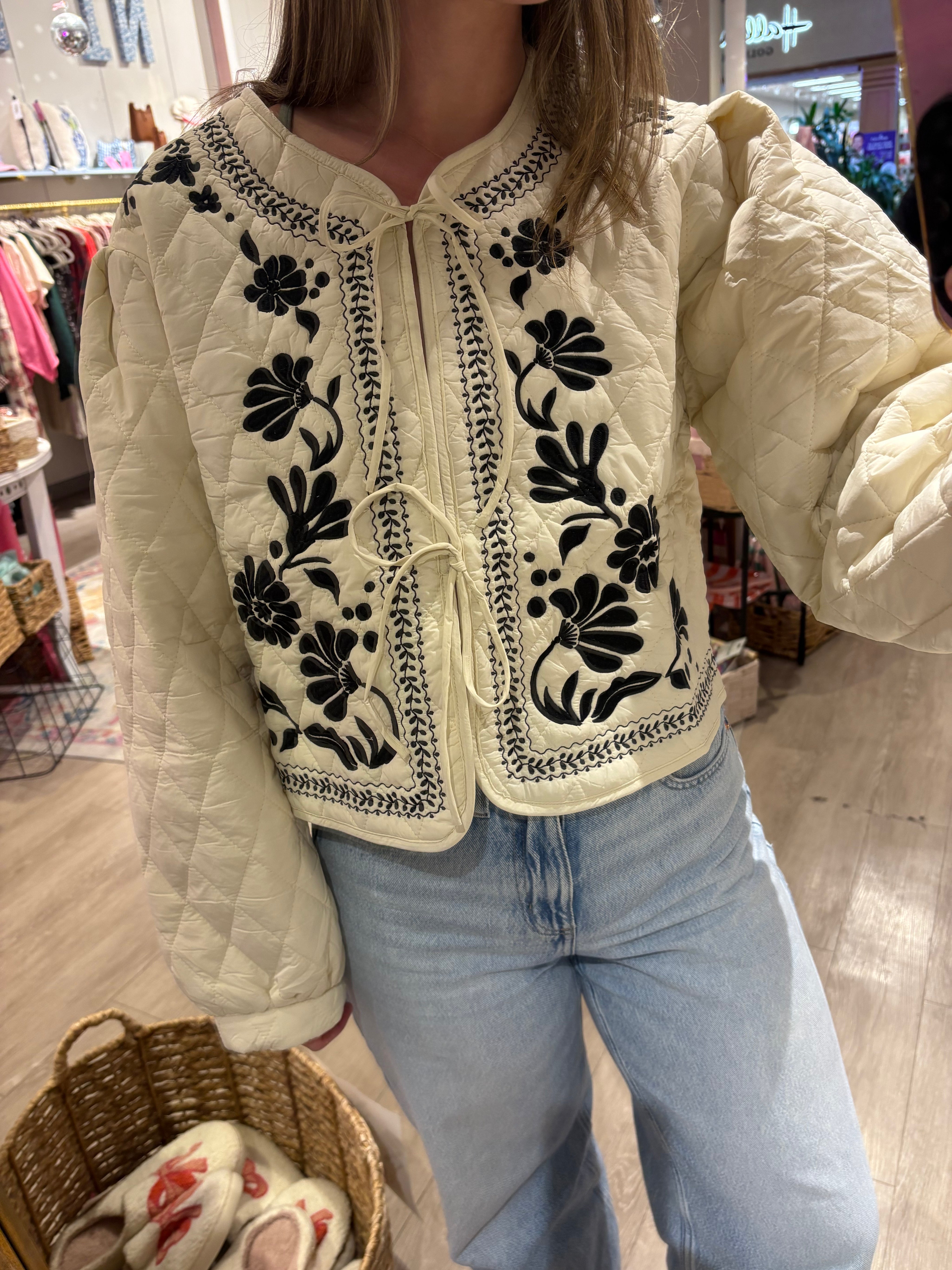 Cream Quilted Floral Embroidered Jacket