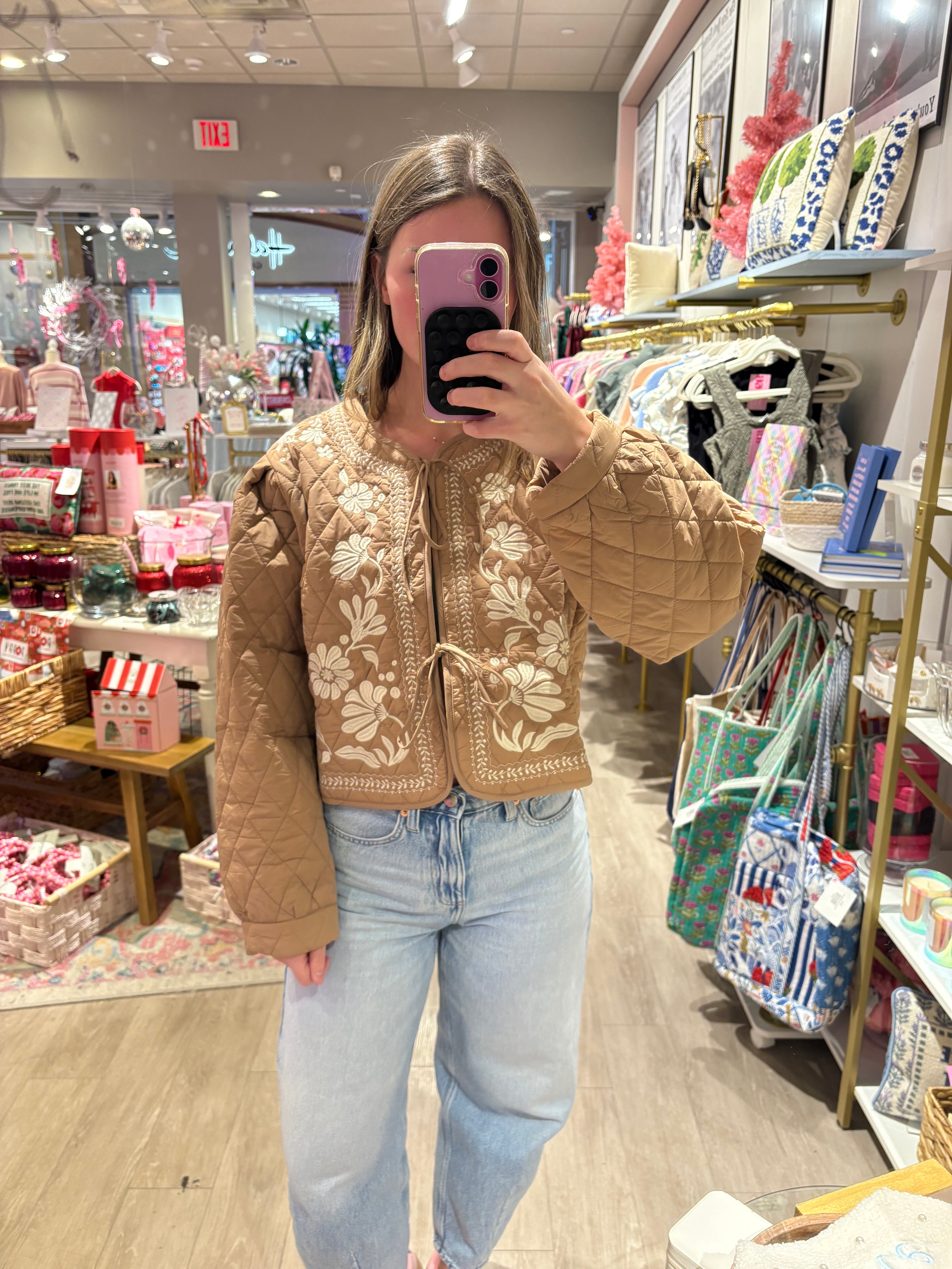 Brown Quilted Floral Embroidered Jacket