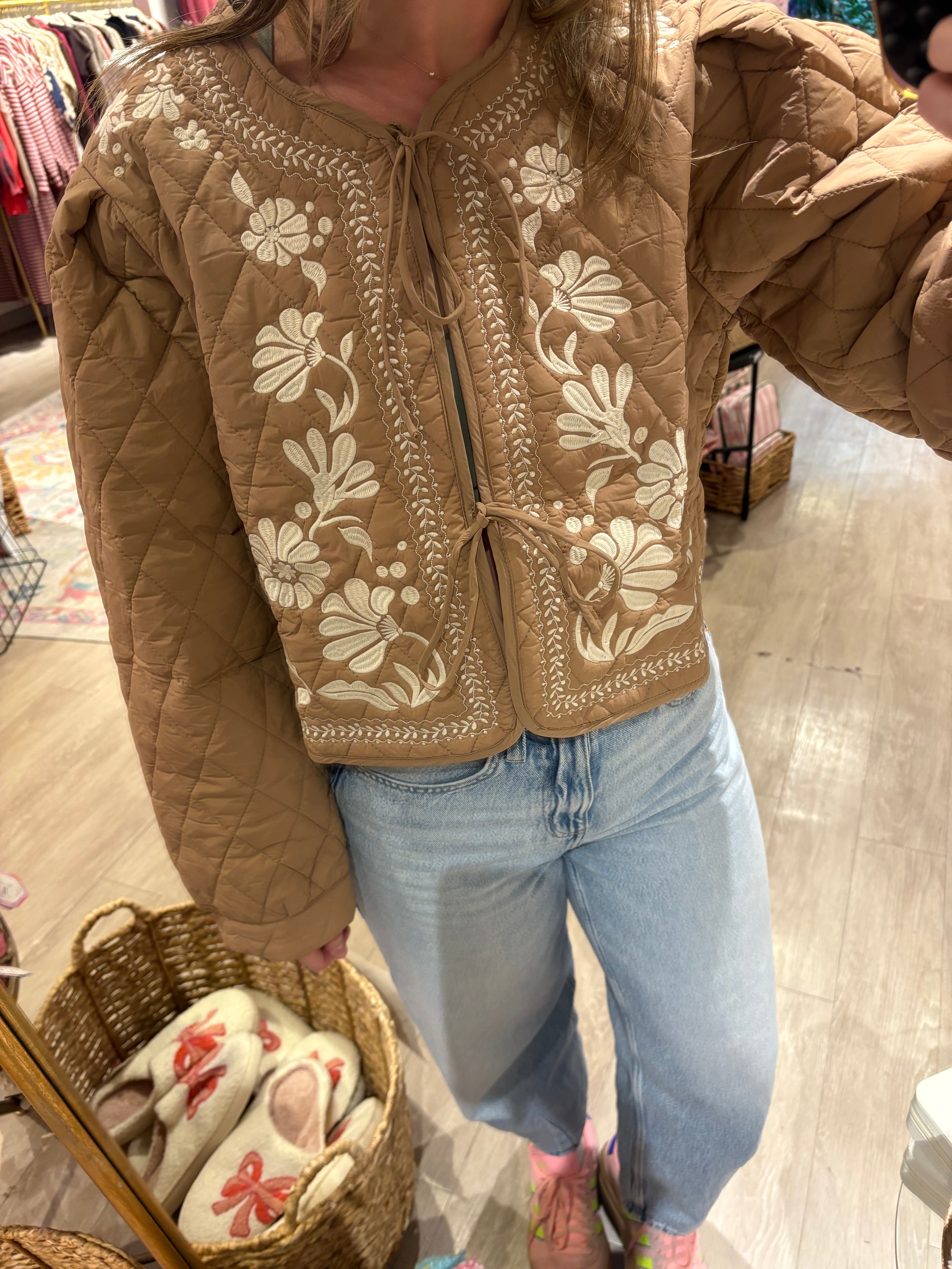 Brown Quilted Floral Embroidered Jacket