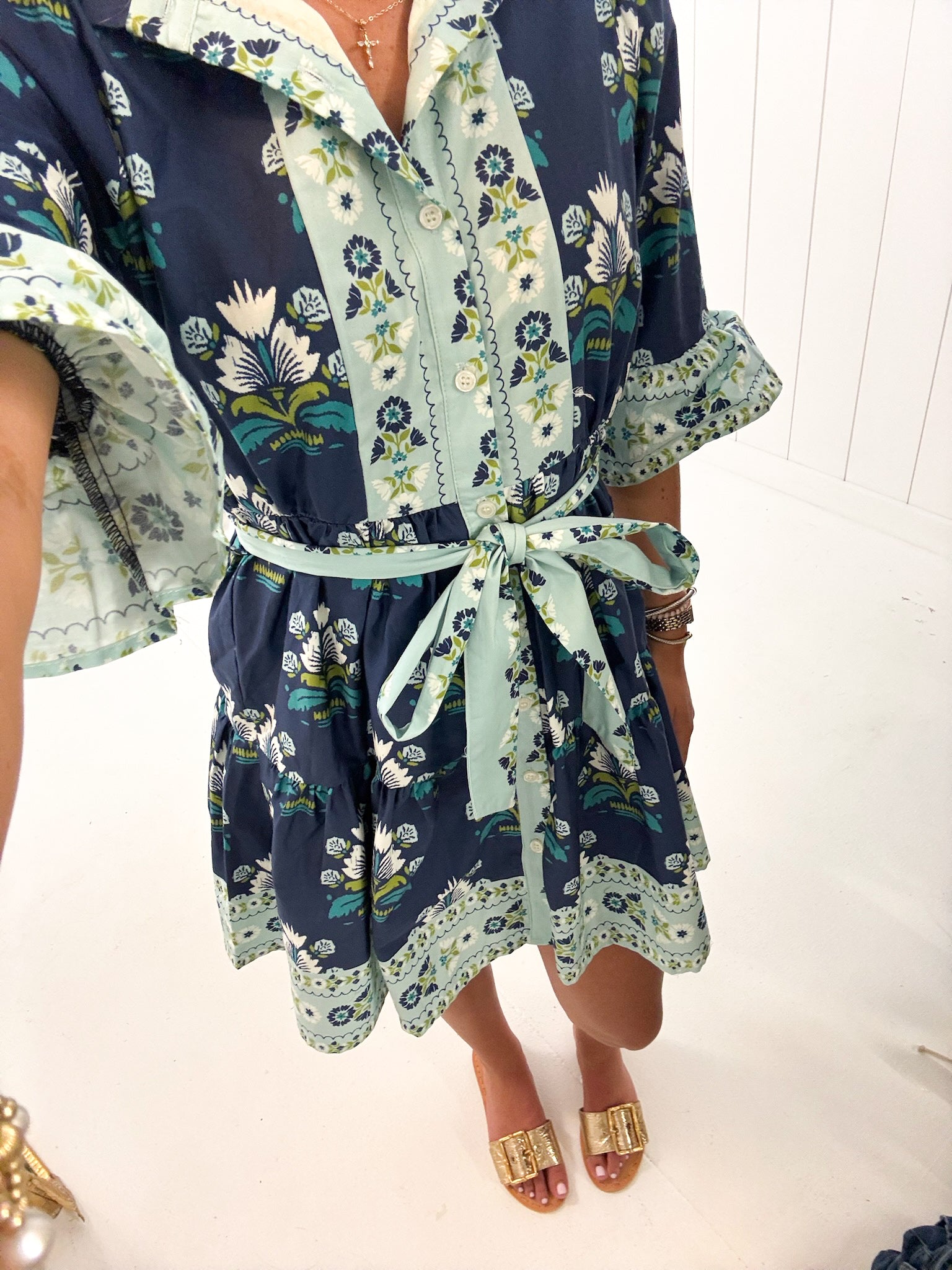Floral Print Tiered Mini Dress with Waist Tie