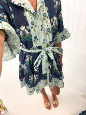 Floral Print Tiered Mini Dress with Waist Tie