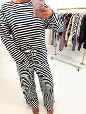 Navy Stripe Pants Lulu Mac — ribbed waistband and adjustable drawstrings