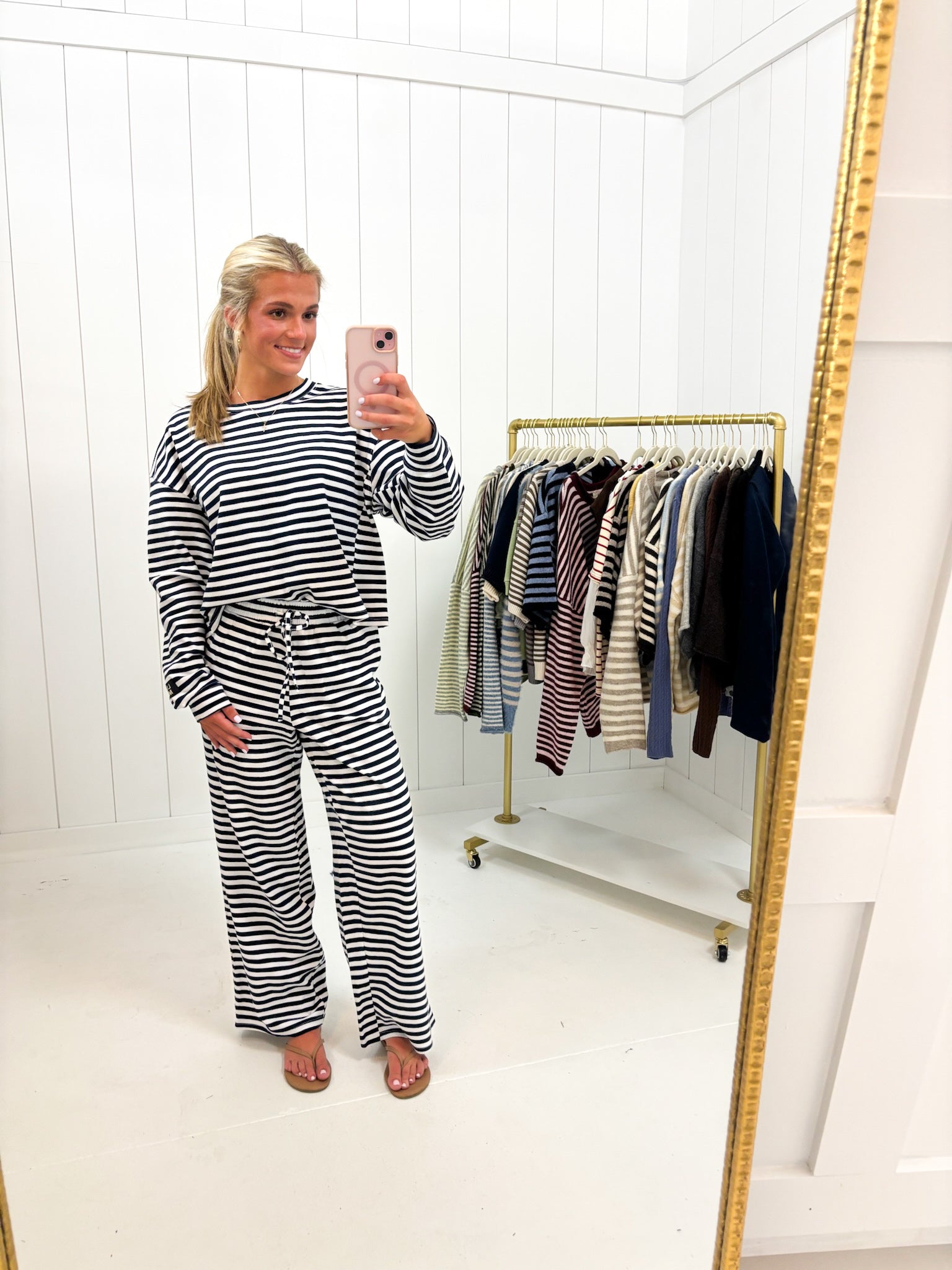 Navy Stripe Pants Lulu Mac showing adjustable drawstrings