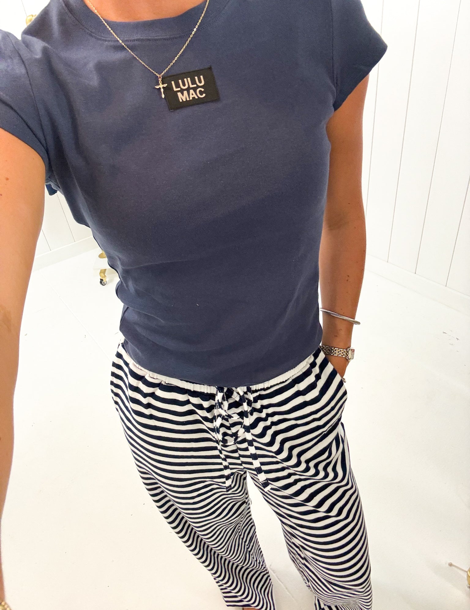 Navy Stripe Pants Lulu Mac showing ribbed waistband
