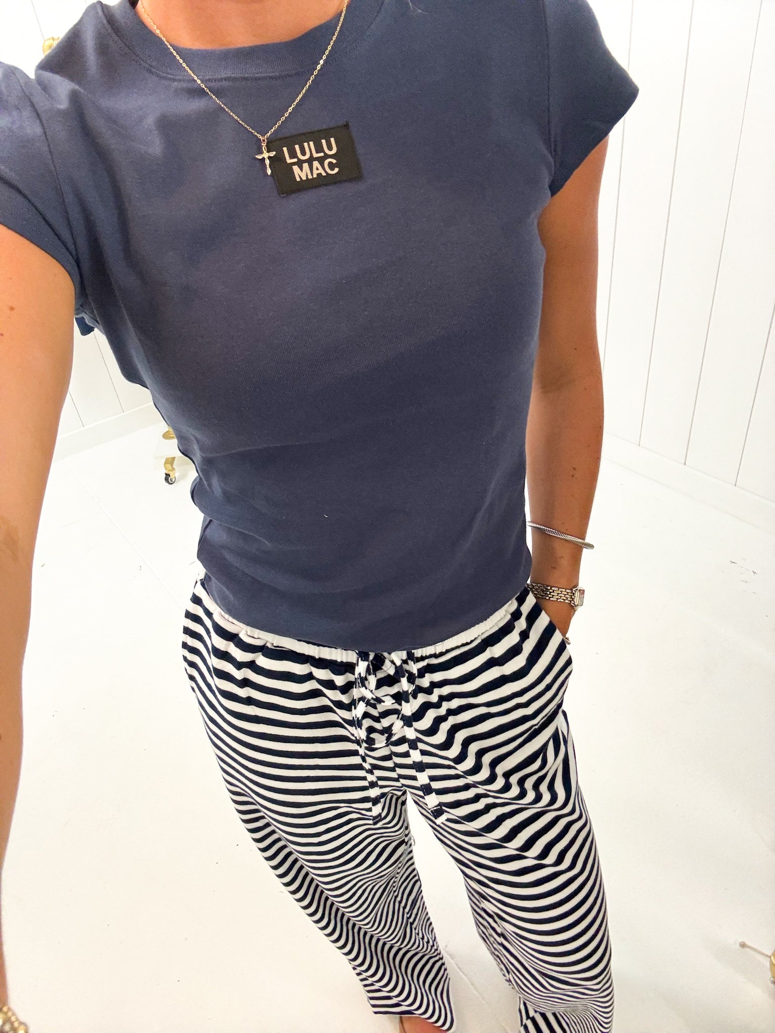Navy Stripe Pants Lulu Mac showing ribbed waistband