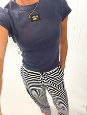 Navy Stripe Pants Lulu Mac showing ribbed waistband