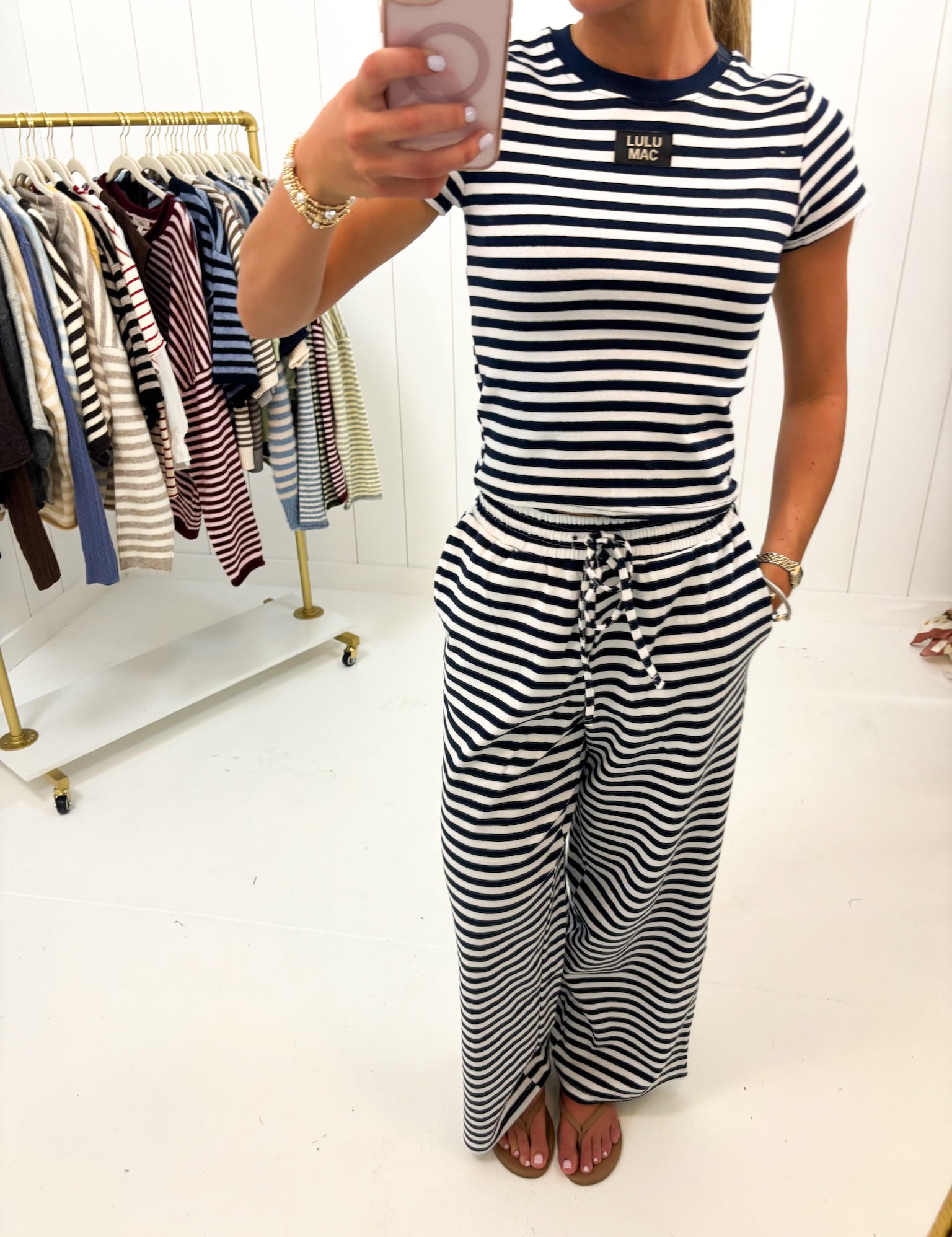 Navy Stripe Baby Doll Top Lulu Mac — classic crew neckline and short sleeve