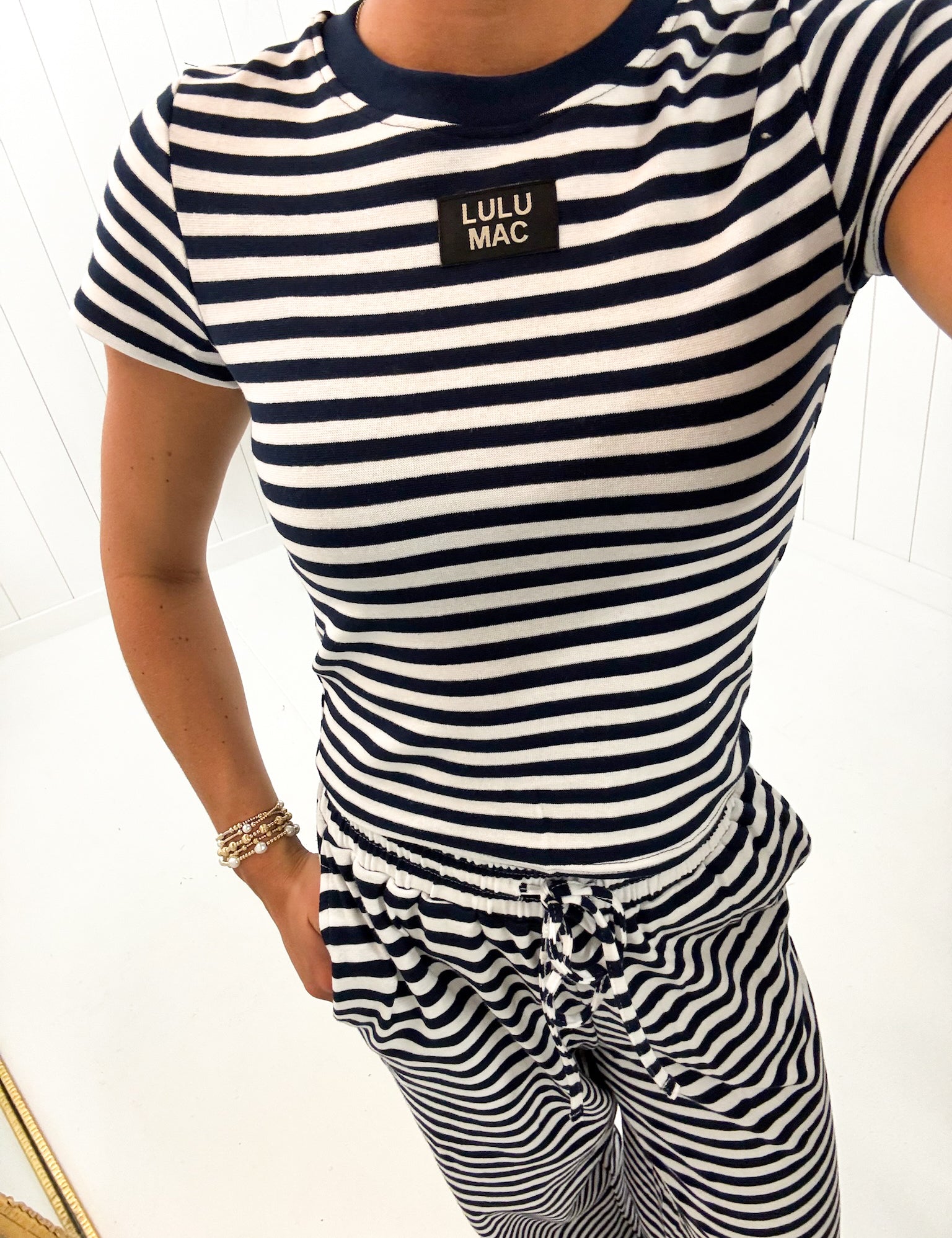 Navy Stripe Baby Doll Top Lulu Mac showing classic crew neckline